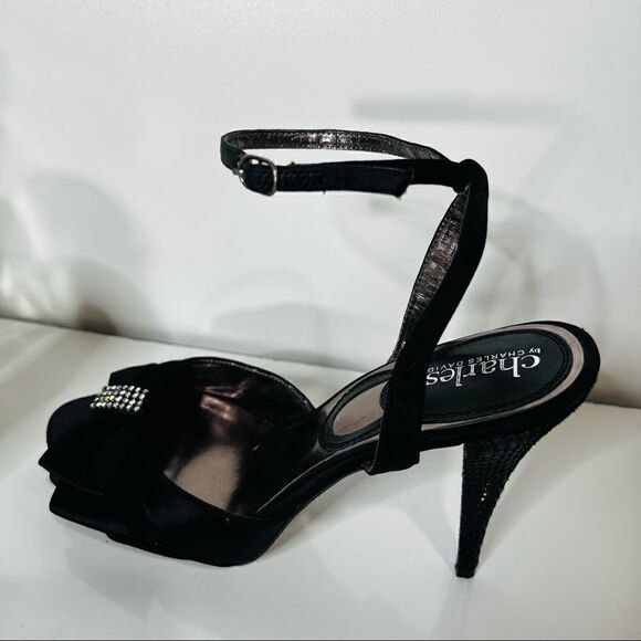 Charles by Charles David Black Satin Snakeskin Stiletto Heels Ankle Strap - Picture 7 of 14